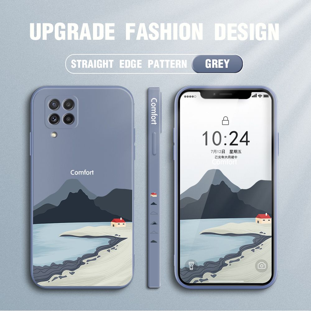 Jizetin for Samsung Galaxy A22 Case Mount Fuji Design Side Design Phone Case Square Edge Pattern Liquid Silicone Cases Full Cover Camera Shockproof Protective Case