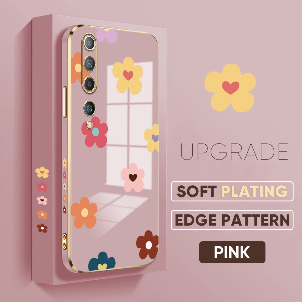 TA for Xiaomi MI 10 Back Cover + Free Lanyard Falling Flowers Luxury 6D Plating Case Side Pattern Soft Silicone Square Phone Cases