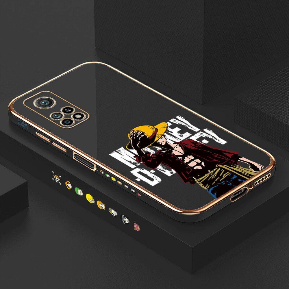 Luxury 6D Plating Case for Xiaomi 10T Anime Cartoon Cool Luffy Side Pattern Back Cover Soft Silicone Square Frame Shiny Bling Phone Cases + Free Lanyard