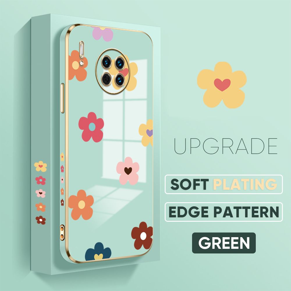 Jizetin (Free Lanyard) Huawei Mate 30 Back Cover Falling Flowers Luxury 6D Plating Case Side Pattern Soft Silicone Square Mobile Phone Cases