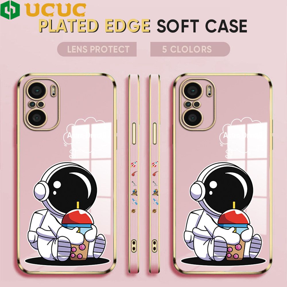 UCUC for Xiaomi Poco F3 / Redmi K40 / Redmi K40 Pro Back Cover + Free Lanyard Cute Astronaut Luxury 6D Plating Case Side Pattern Soft Silicone Square Phone Cases