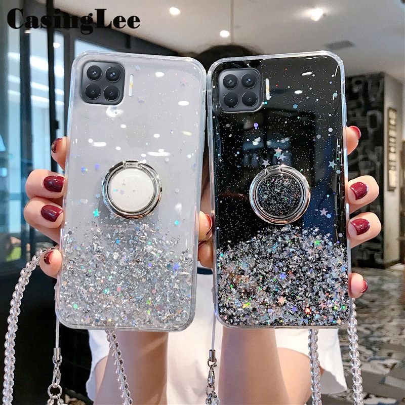 Casinglee for OPPO F17 case Shiny Ring Glitter Soft Transparent Holder Stand Back cover with String for OPPO F17 Phone cases cover Stars Moon Girls
