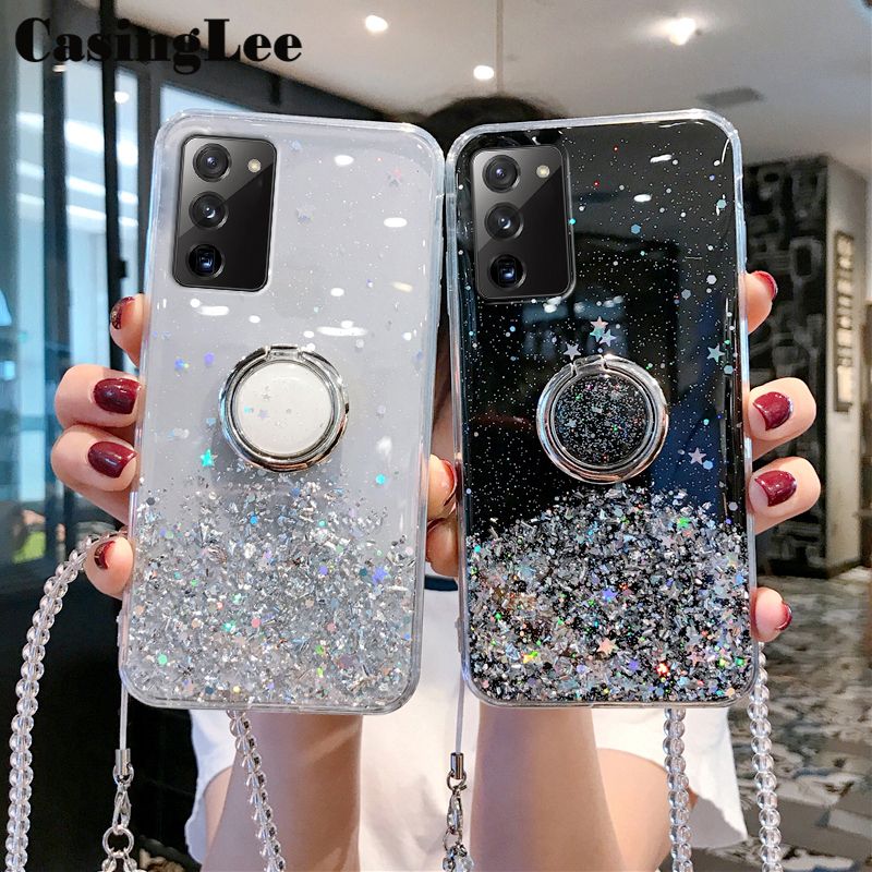 Casinglee for Galaxy M03S case Shiny Ring Glitter Soft Transparent Holder Stand Back cover with String for Samsung Galaxy M03S Phone cases cover Stars Moon Girls