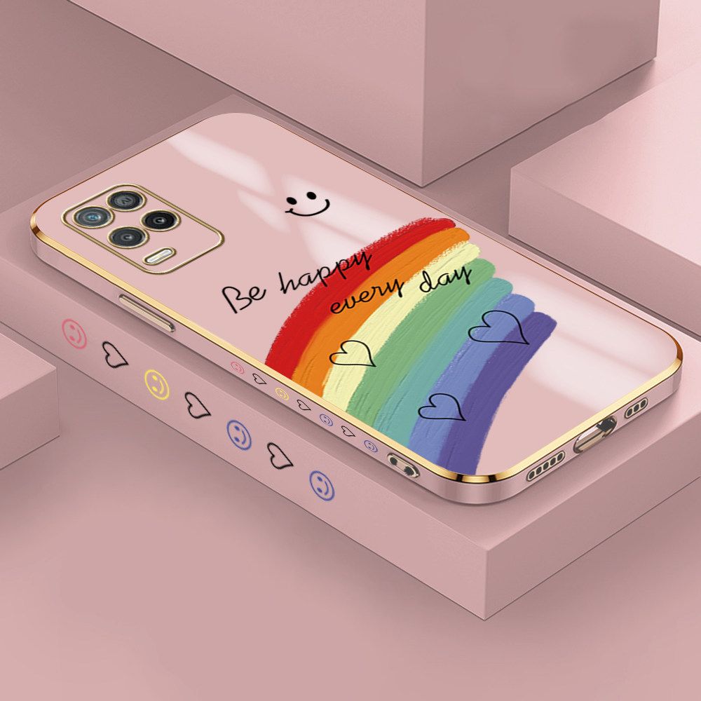 Jizetin (Free Lanyard) Realme 8 5G Case Rainbow Doodle Luxury 6D Plating Soft Casing Silicone Ultra Thin Phone Cover