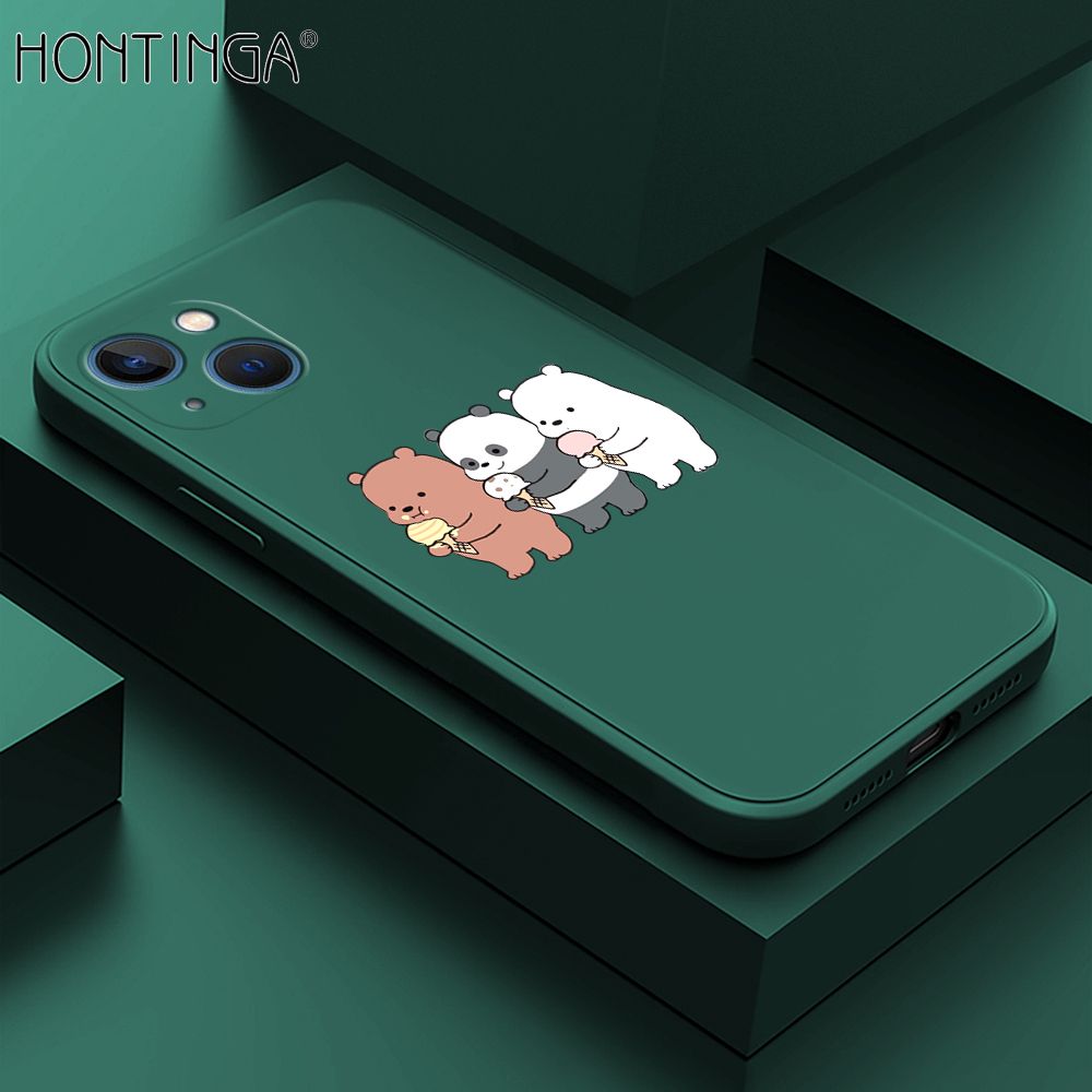 Hontinga for iPhone 13 Case Cute Cartoon Bear  Phone Case Soft Square Edge Silicone Cases Full Lens Cover Shockproof Protection Cover