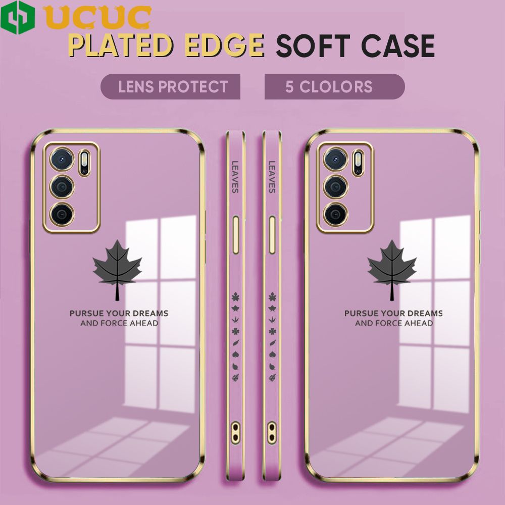 UCUC for OPPO A16 Back Cover + Free Lanyard Maple Leaf Luxury 6D Plating Case Side Pattern Soft Silicone Square Phone Cases