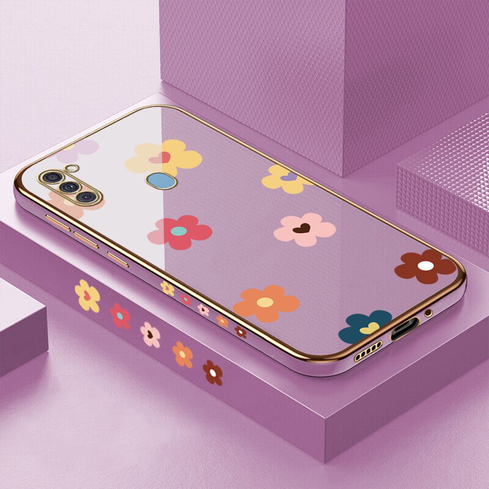 Luxury 6D Plating Case for Samsung M11 A11 Color Cartoon Flowers Side Pattern Back Cover Soft Silicone Square Phone Cases + Free Lanyard