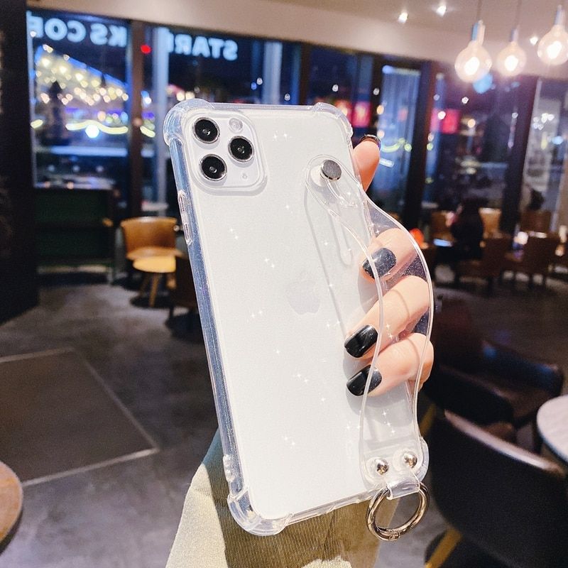 Transparent Glitter Wrist Strap Phone Case For iPhone 11 12 13 Pro Max X XR XS Max 7 8 Plus SE 2020 Kickstand Cover