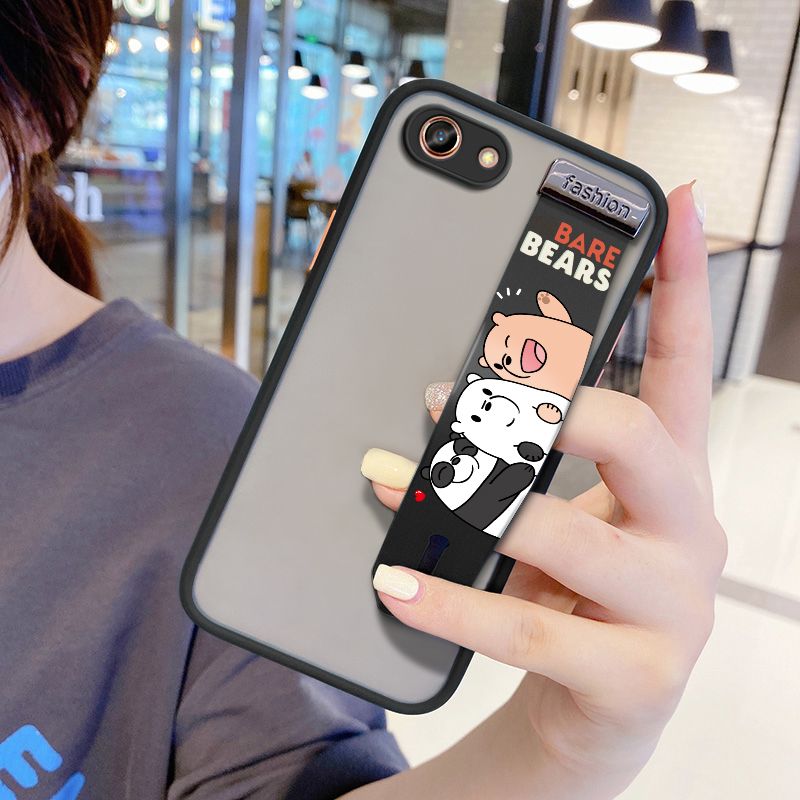 UCUC for OPPO A83 Wrist Strap Case Cute Cartoon Three Little Bears Wristband Printing Cover Shockproof Frosted Phone Case