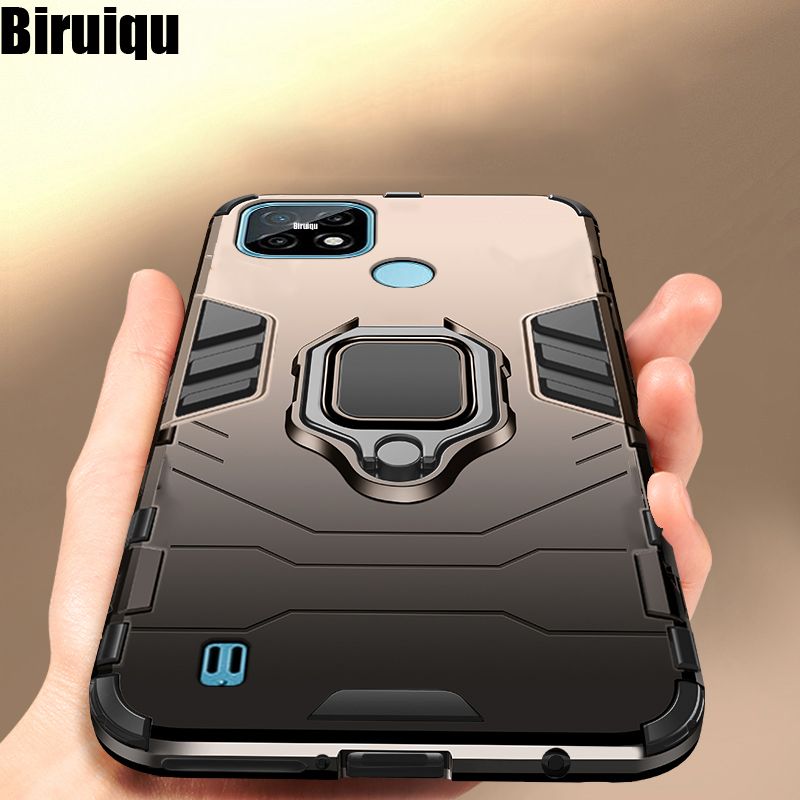Biruiqu For Realme C21 Soft TPU+Hard PC Black Panther Shockproof Slim Protective Case Cover with Kickstand