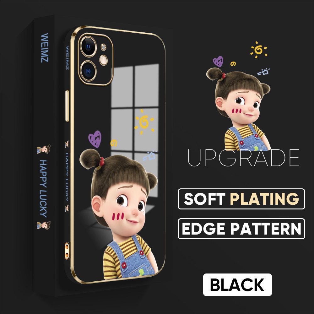 Jizetin (Free Lanyard) iPhone 11 Back Cover Double Ponytail Girl Luxury 6D Plating Case Side Pattern Soft Silicone Square Mobile Phone Cases