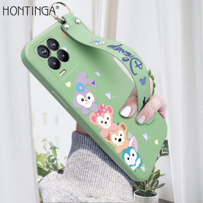 Hontinga for Realme 8 4G / 8 Pro Wrist Strap Case INS Cute Style Creative Cartoon Rabbit and Fox Cover Thin Square Edge Liquid Silicone Phone Case