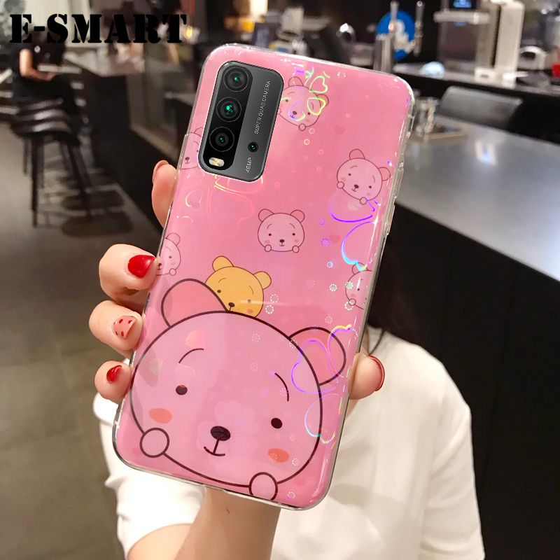 For Redmi 9T Case Cute Cartoon Bear Back Covers Soft Silicone Colorful Cherry Blossoms for Xiaomi Redmi 9T Back Cover