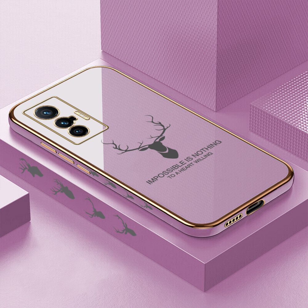 Luxury 6D Plating Case for Vivo X70 5G Alphabet Lucky Deer Side Pattern Back Cover Soft Silicone Square Frame Shiny Bling Phone Cases + Free Lanyard