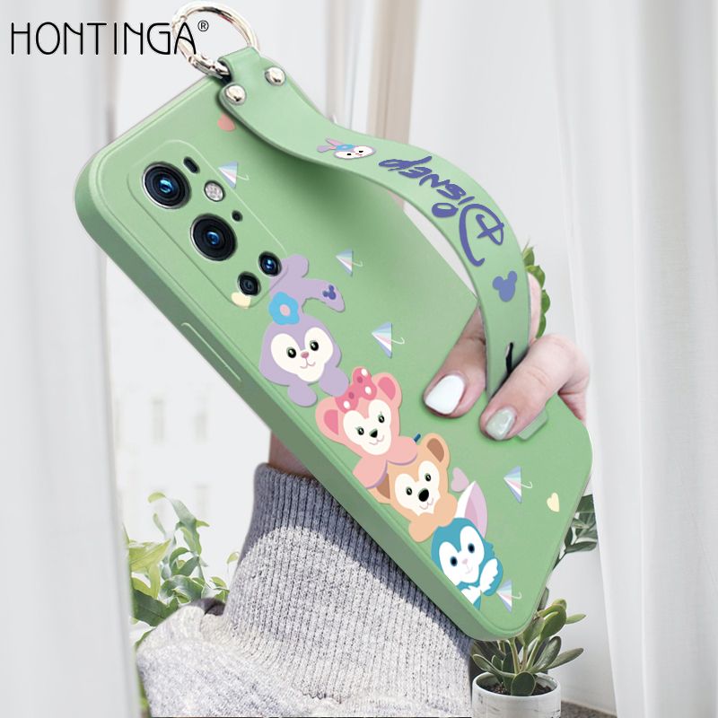 Hontinga for OnePlus 9 Pro Wrist Strap Case INS Cute Style Creative Cartoon Rabbit and Fox Cover Thin Square Edge Liquid Silicone Phone Case