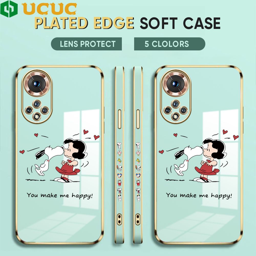 UCUC for Honor 50 Back Cover + Free Lanyard Happy Puppy Luxury 6D Plating Case Side Pattern Soft Silicone Square Phone Cases