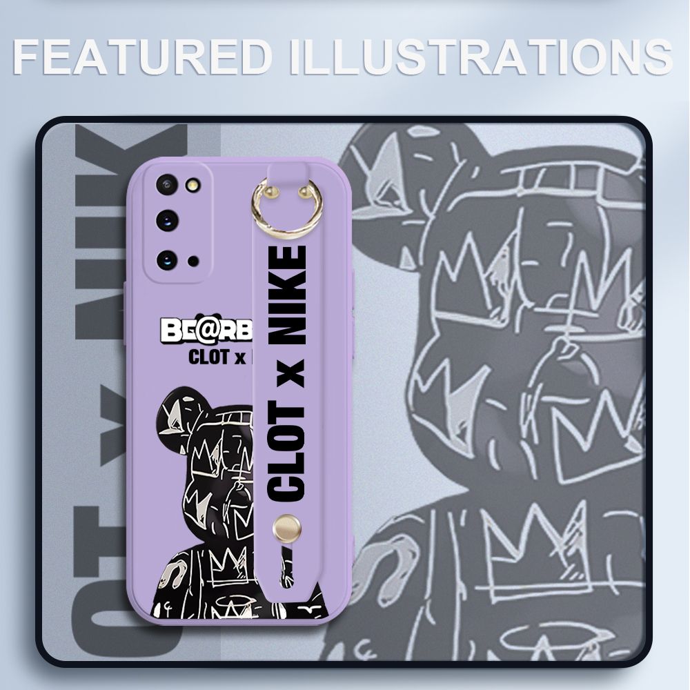 UCUC for Samsung Galaxy S20 Wrist Strap Case Creative Cartoon Black Stitching Bear Cover Ultra Thin Anti Fall Liquid Silicone Phone Case