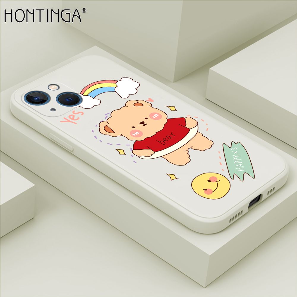 Hontinga for iPhone 13 Case Lovely Cartoon Bear Phone Case Phone Case Soft Square Edge Silicone Cases Full Lens Cover Shockproof Protection Cover