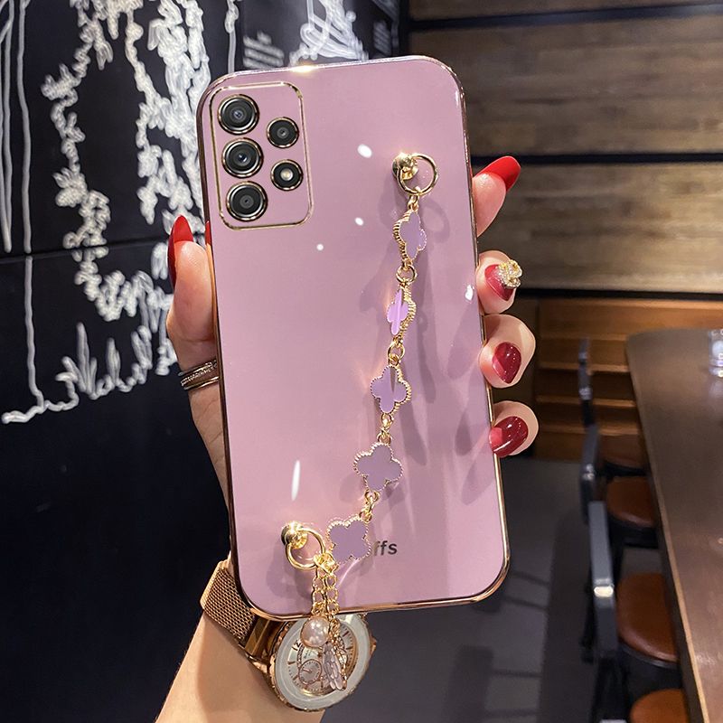 For Samsung Galaxy A32 4G Back Cover with Lucky Clover Wristband Chain Fashion Bracelet Shiny Plating Square Edge Bumper Phone Case Soft Silicone Bumper Protective Cover