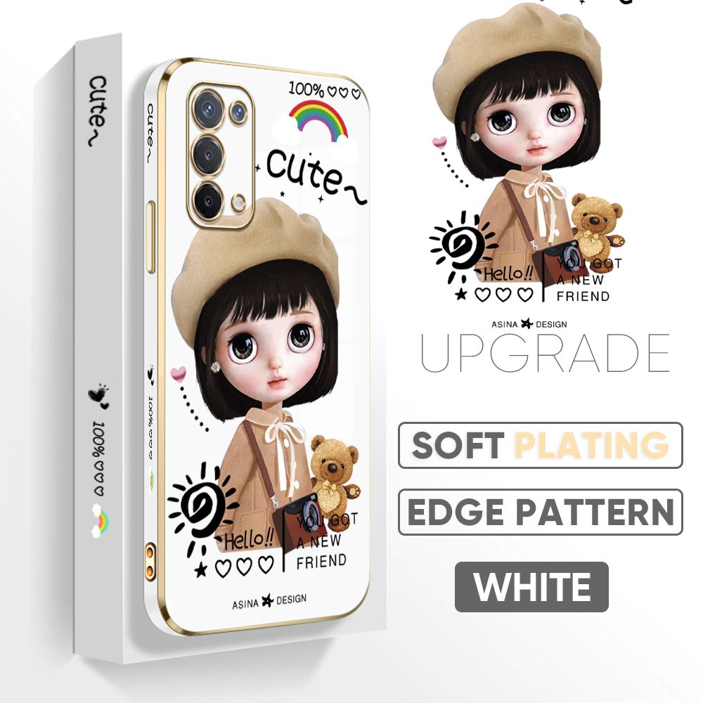 TA for OPPO A74 5G Back Cover + Free Lanyard Satchel Girl Luxury 6D Plating Case Side Pattern Soft Silicone Square Phone Cases