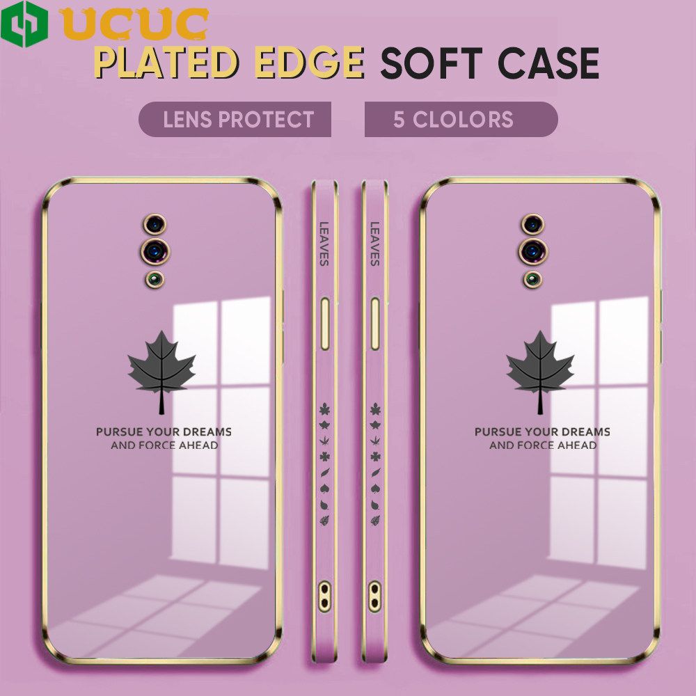 UCUC for OPPO Reno Back Cover + Free Lanyard Maple Leaf Luxury 6D Plating Case Side Pattern Soft Silicone Square Phone Cases
