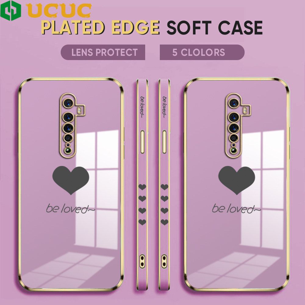 UCUC for OPPO Reno 2F 2Z Back Cover + Free Lanyard Lover Heart Luxury 6D Plating Case Side Pattern Soft Silicone Square Phone Cases