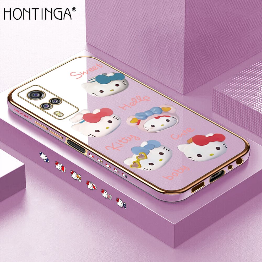 Hontinga for Vivo Y31 Y51A 2021 Y53S 4G Y51S Y51 2020 Back Cover + Free Lanyard Luxury 6D Plating Cartoon Cute Kitty Side Pattern Case Soft Silicone Square Phone Cases