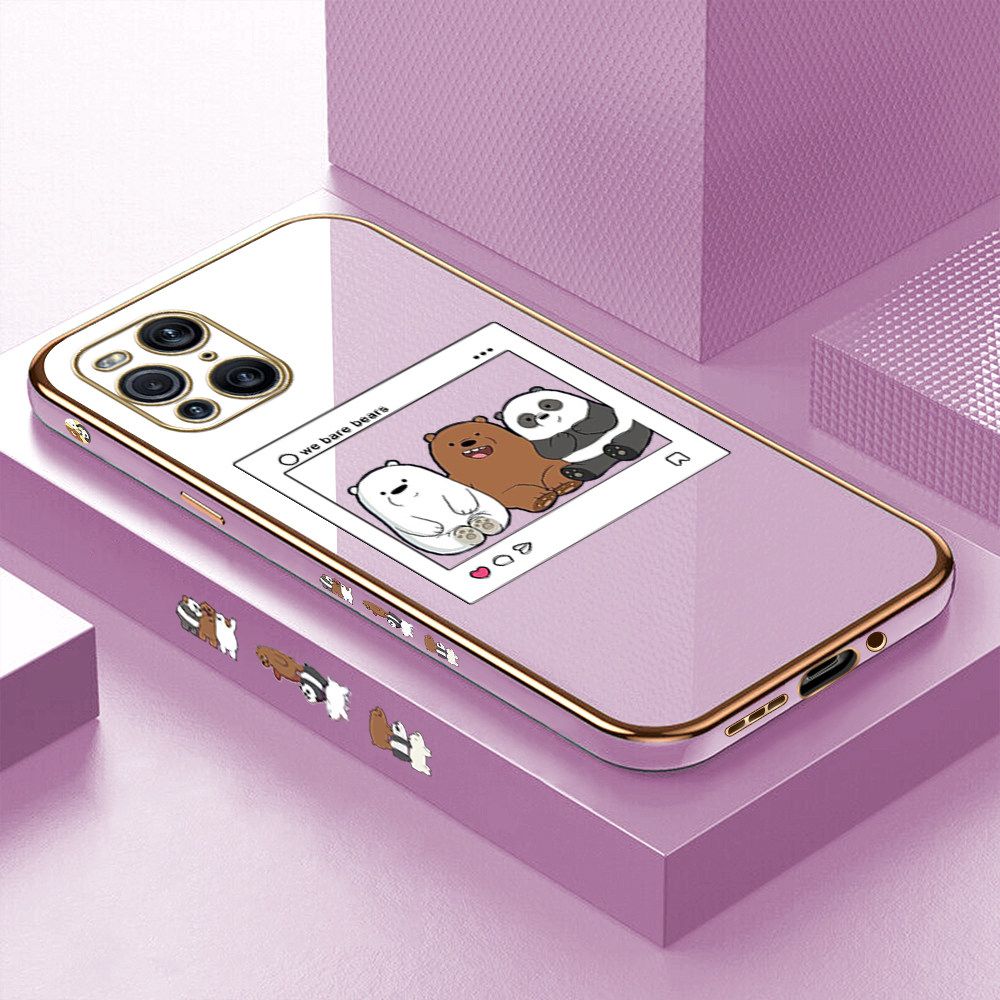 Luxury 6D Plating Case for OPPO Find X3 Pro Cute Cartoon Anime Bears Side Pattern Back Cover Soft Silicone Square Frame Shiny Bling Phone Cases + Free Lanyard