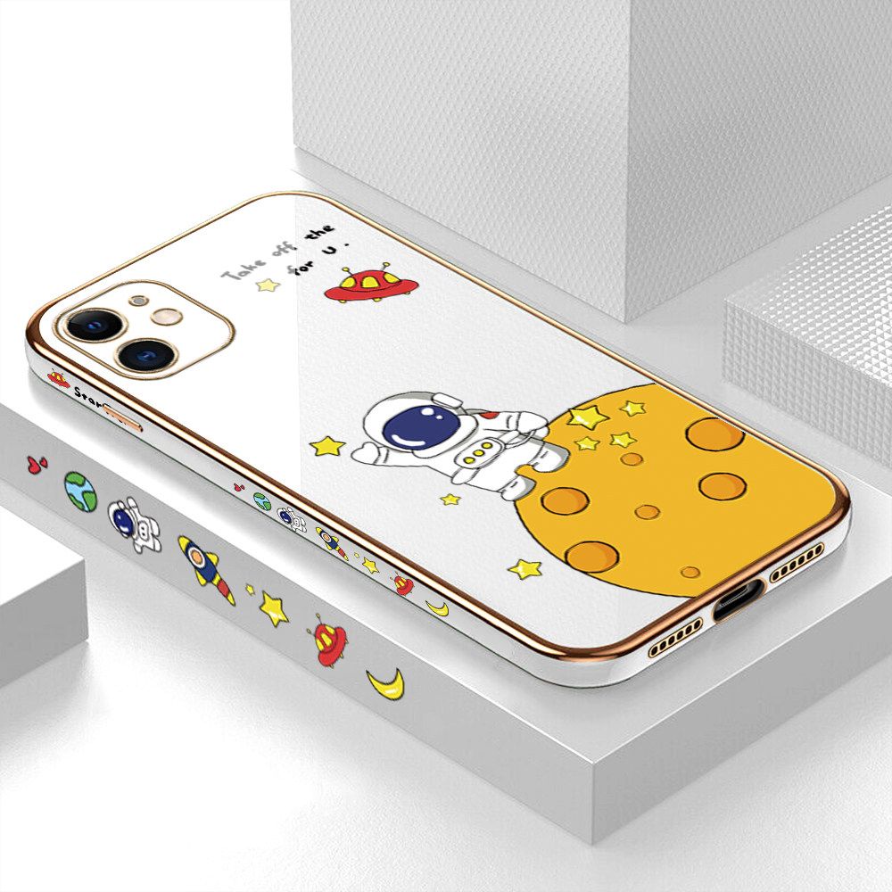 Luxury 6D Plating Case for iPhone 11 Cute Cartoon Happy Astronaut Side Pattern Back Cover Soft Silicone Square Frame Shiny Bling Phone Cases + Free Lanyard