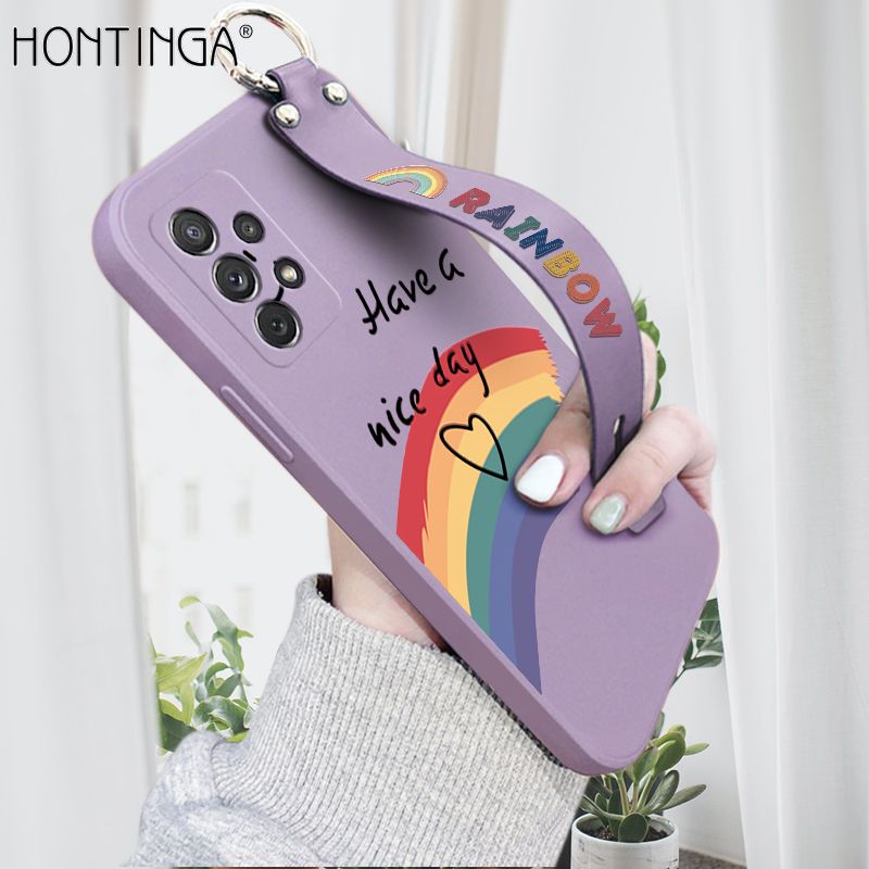 Hontinga for Samsung Galaxy A72 4G / 5G Wrist Strap Case Lovely Graffiti Rainbow Smile Thin Phone Cover Square Edge Liquid Silicone Creativity Phone Case