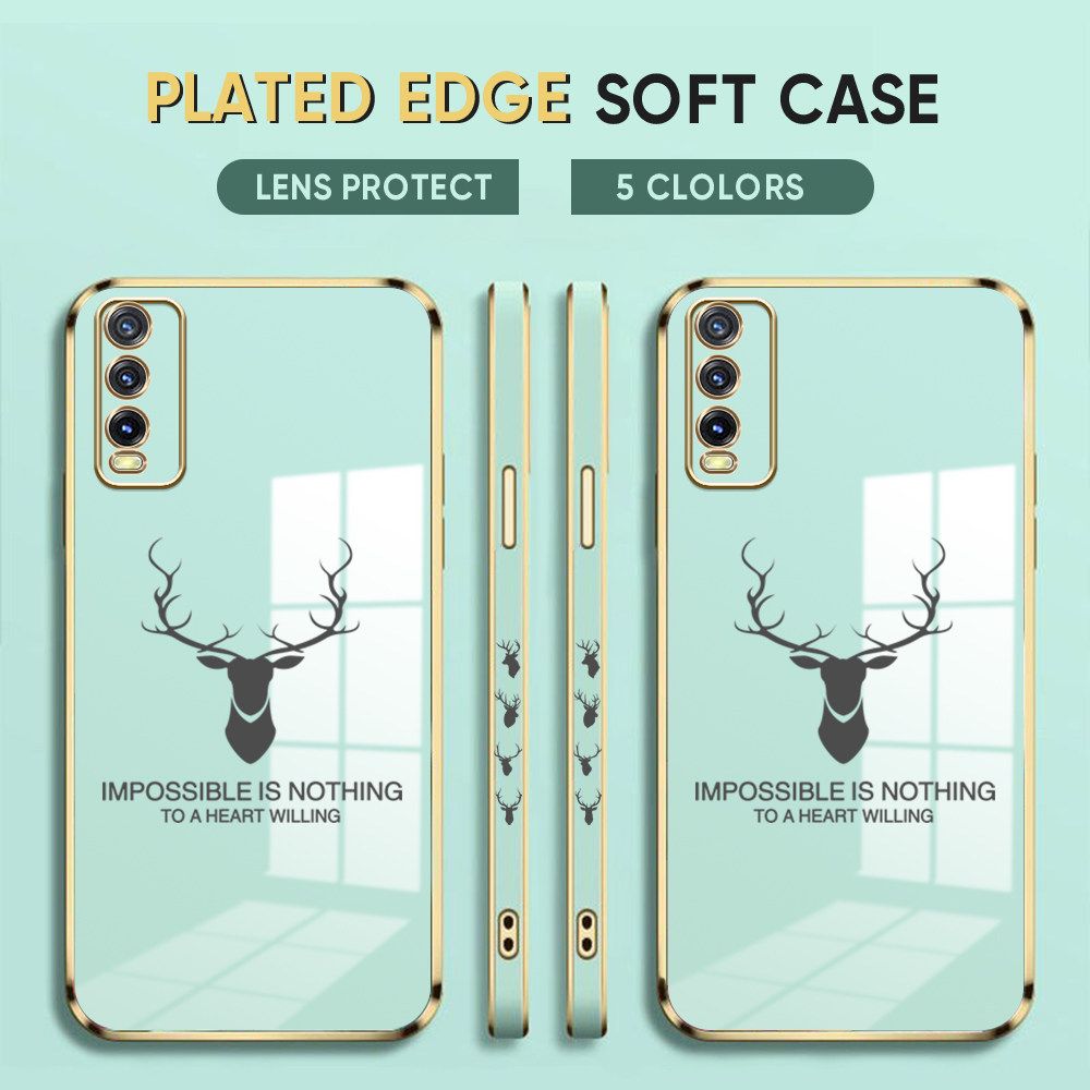 Luxury 6D Plating Case for Vivo Y20 2021 Phone Cases Lucky Alphabet Deer Side Print Soft Silicone Square Back Cover