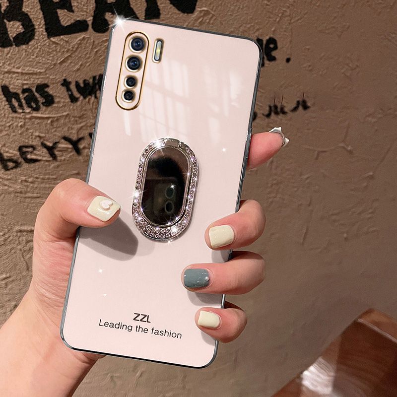 For OPPO F15 Back Cover + Rhinestone Ring Holder Stand Shiny Plating Square Bumper Girls Phone Case Soft TPU Silicone Shockproof Protective Cover