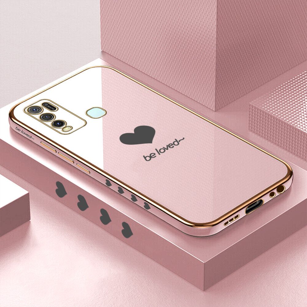 Luxury 6D Plating Soft Casing Silicone Square Frame Phone Case For Vivo Y30 Case Shiny Bling Back Cover Lover Heart Square Edge Pattern Design Soft Case + Free Lanyard