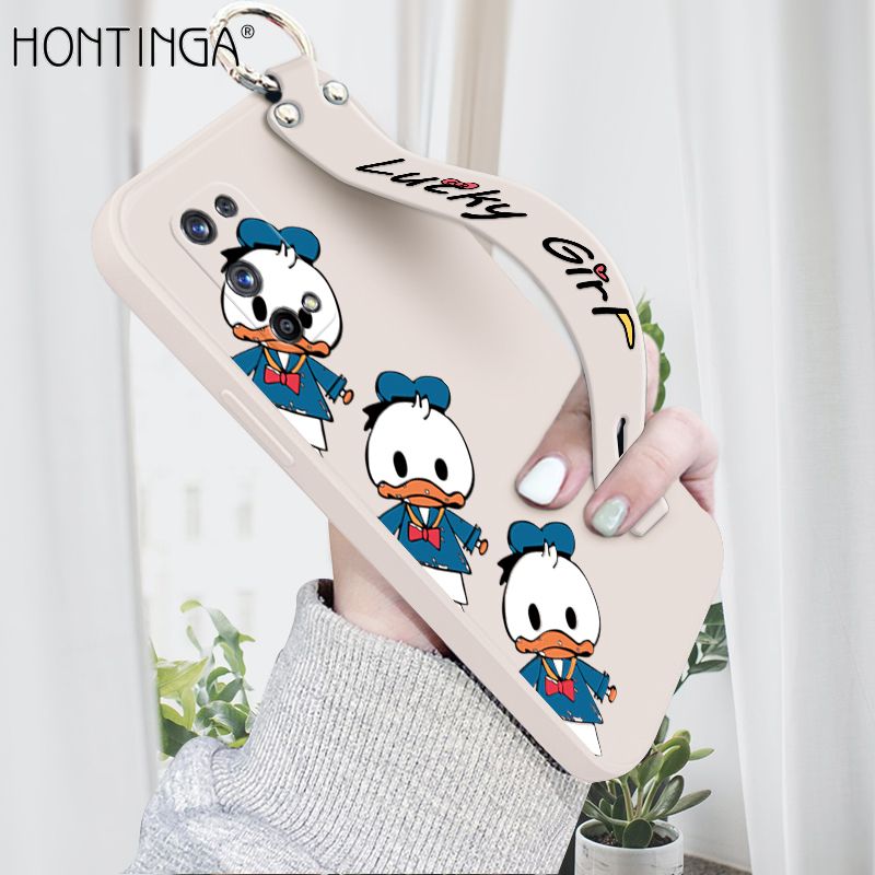Hontinga for Realme X7 Pro 5G Wrist Strap Case Cute Cartoon Little Duck Phone Case Square Edge Liquid Silicone Case Full Cover Camera Shockproof Protective Cases