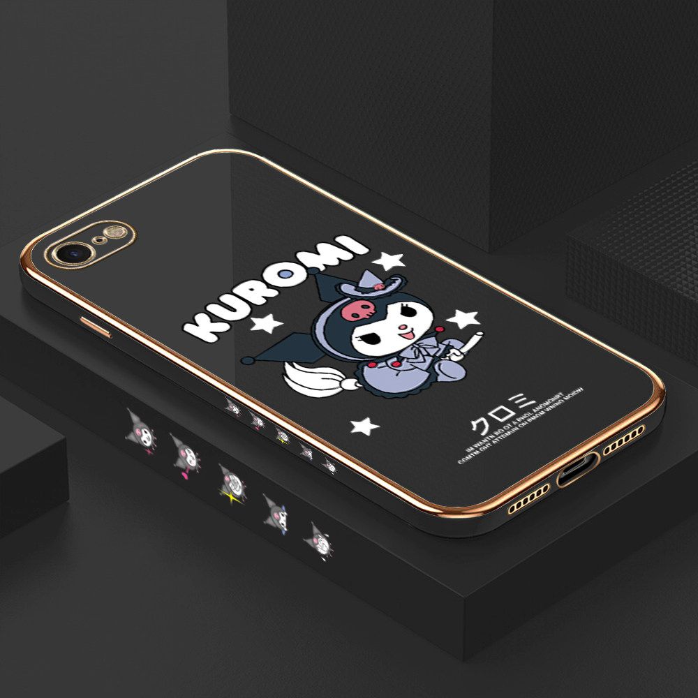 Luxury 6D Plating Soft Casing Silicone Square Frame Phone Case For iPhone 7 Case Shiny Bling Back Cover Cartoon Anime Character Cute Square Edge Pattern Design Soft Case + Free Lanyard