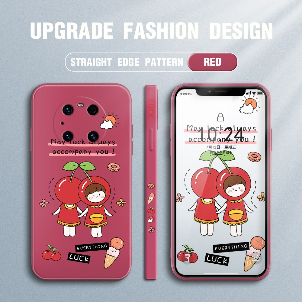 Jizetin for Huawei Mate 40 Pro Case Fashion Cherry Girl Design Side Design Phone Case Square Edge Pattern Liquid Silicone Cases Full Cover Camera Shockproof Protective Case