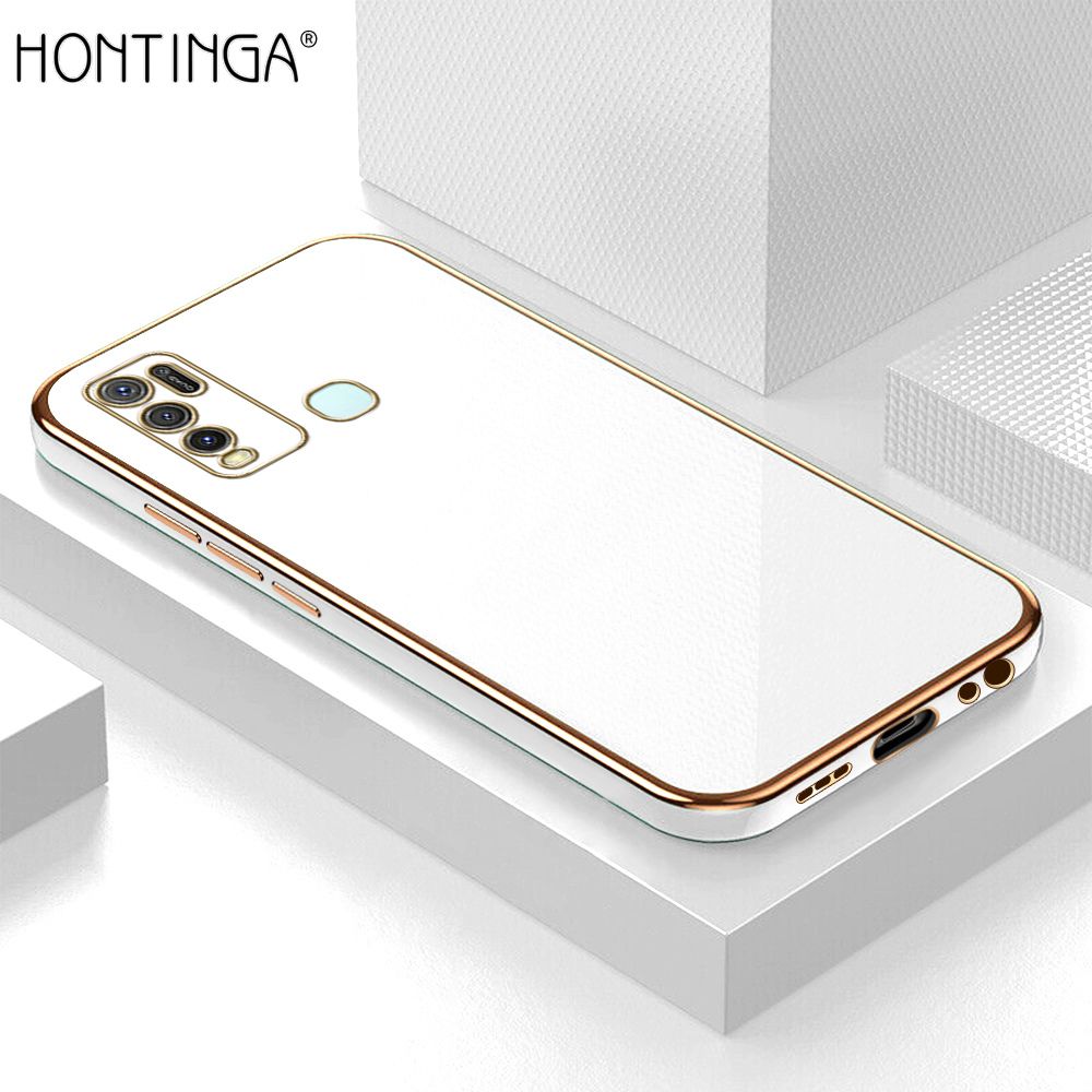 Hontinga for Vivo Y30 Back Cover + Free Lanyard Luxury 6D Plating Frame Shiny Bling Case Soft Silicone Square Phone Cases