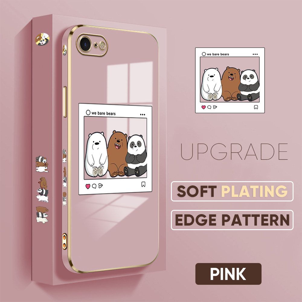 TA for iPhone 7 8 SE 2020 SE 2022 Back Cover + Free Lanyard Bears Group Photo Luxury 6D Plating Case Side Pattern Soft Silicone Square Phone Cases