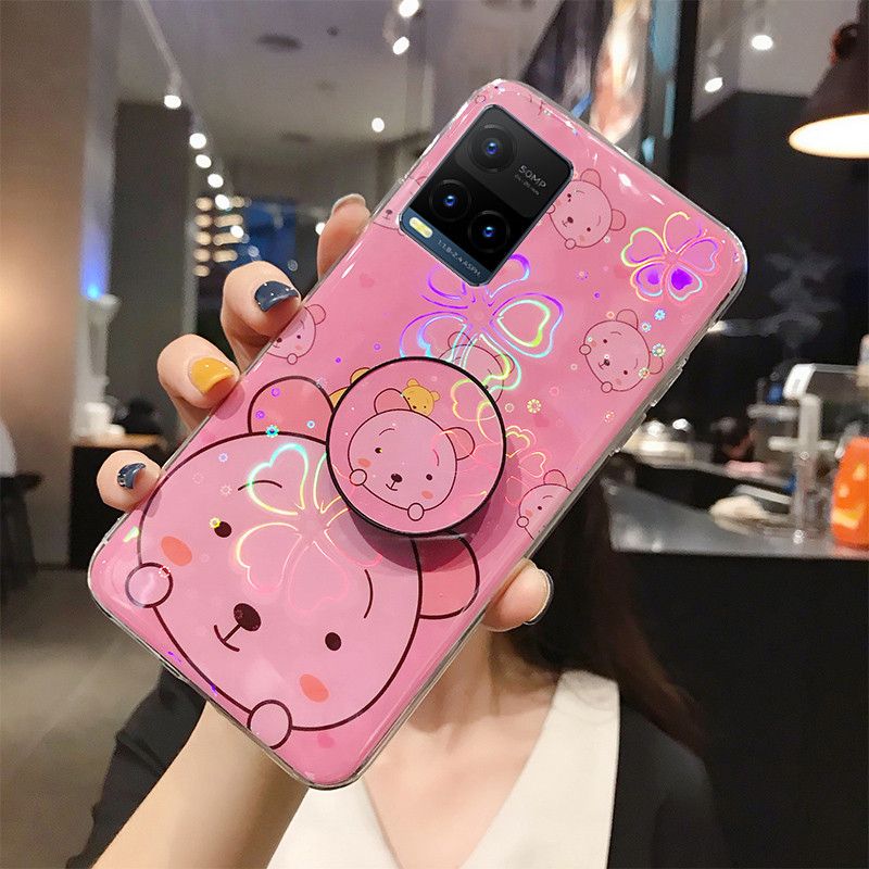 Phone case Vivo Y21T Back Cover Cute Cartoon Bear Cases Soft Silicone Bracket Holder stand case Colorful Cherry Blossoms For Vivo Y21T case