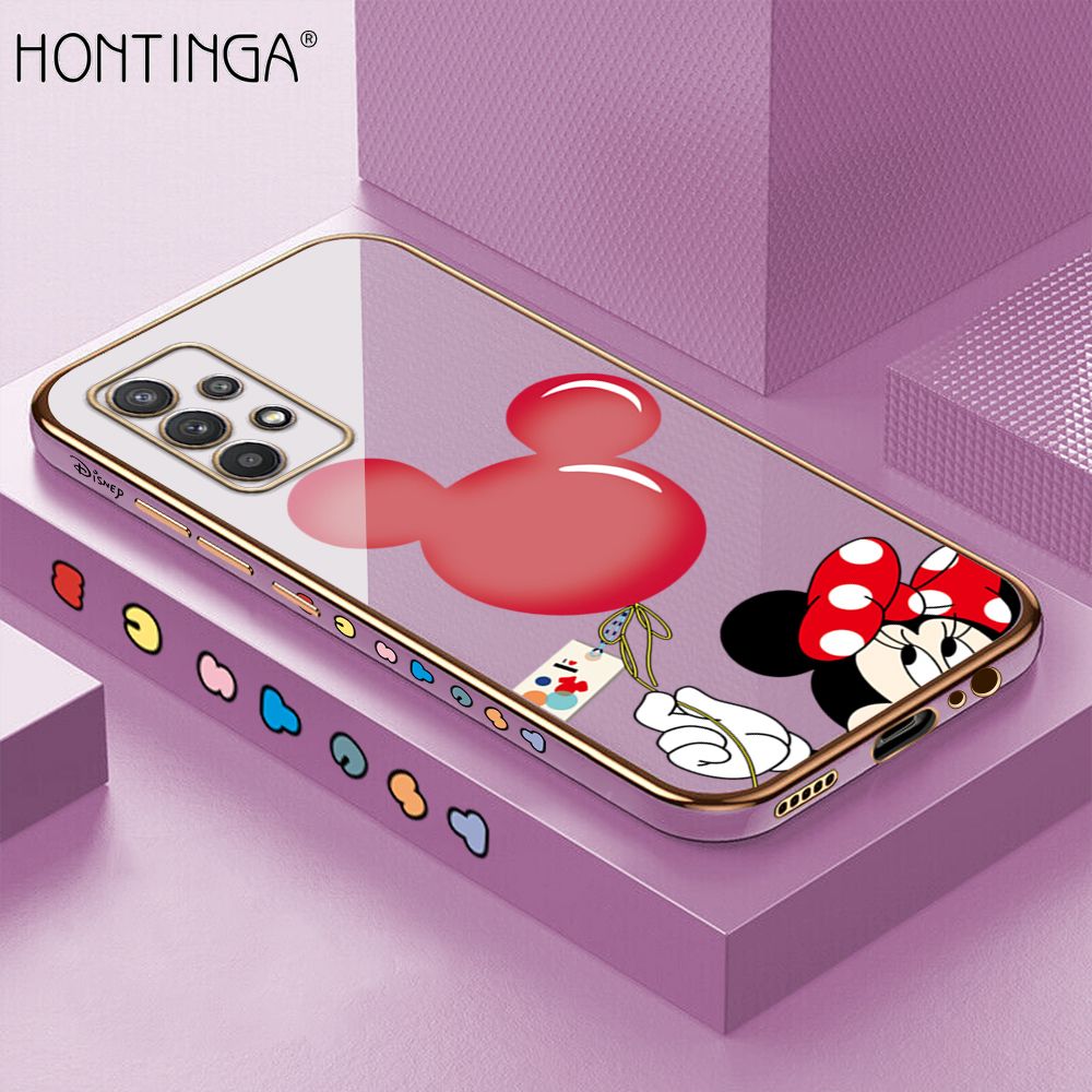 Hontinga for Samsung A32 4G Back Cover + Free Lanyard Luxury 6D Plating Cartoon Balloon Mouse Side Pattern Case Soft Silicone Square Mobile Cover
