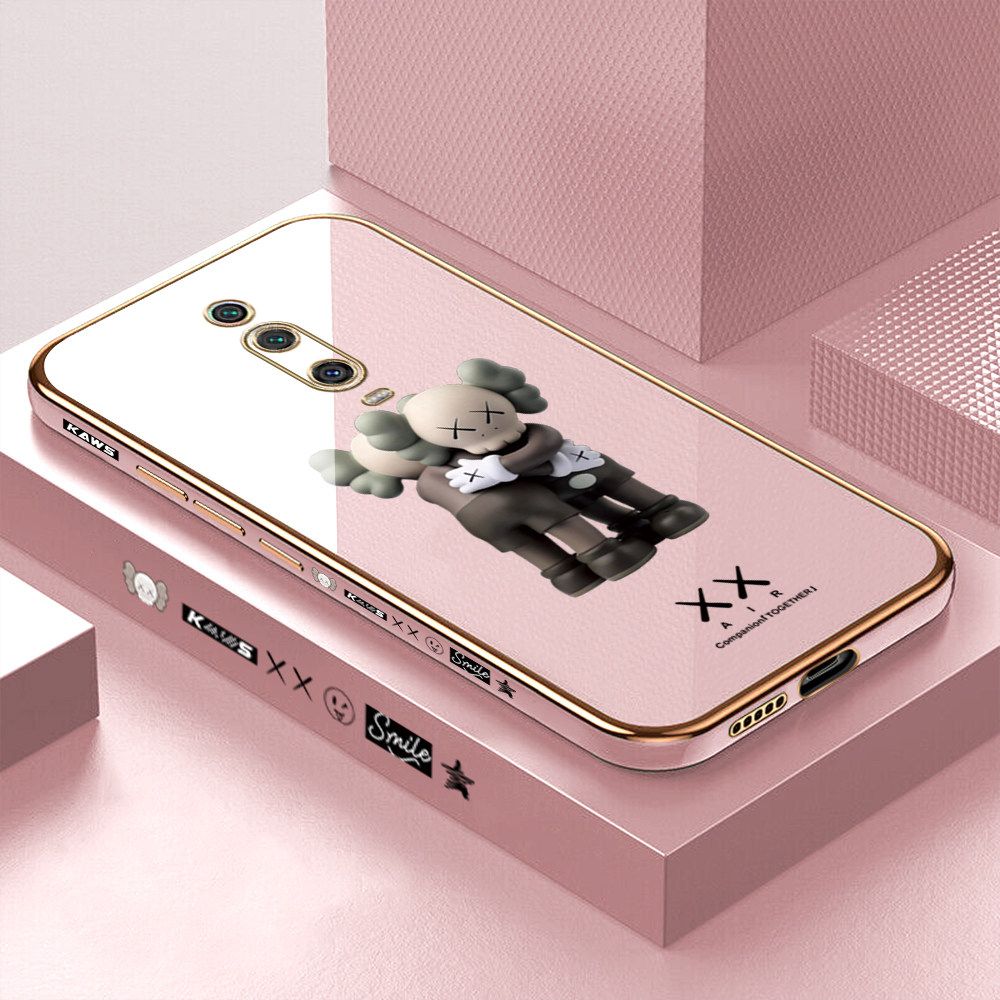 Luxury 6D Plating Case for Xiaomi 9T Embrace Cartoon Bear Side Pattern Back Cover Soft Silicone Square Frame Shiny Bling Phone Cases + Free Lanyard