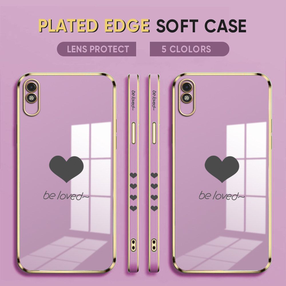 Luxury 6D Plating Case for Redmi 9A Phone Cases Lover Heart Side Print Soft Silicone Square Back Cover
