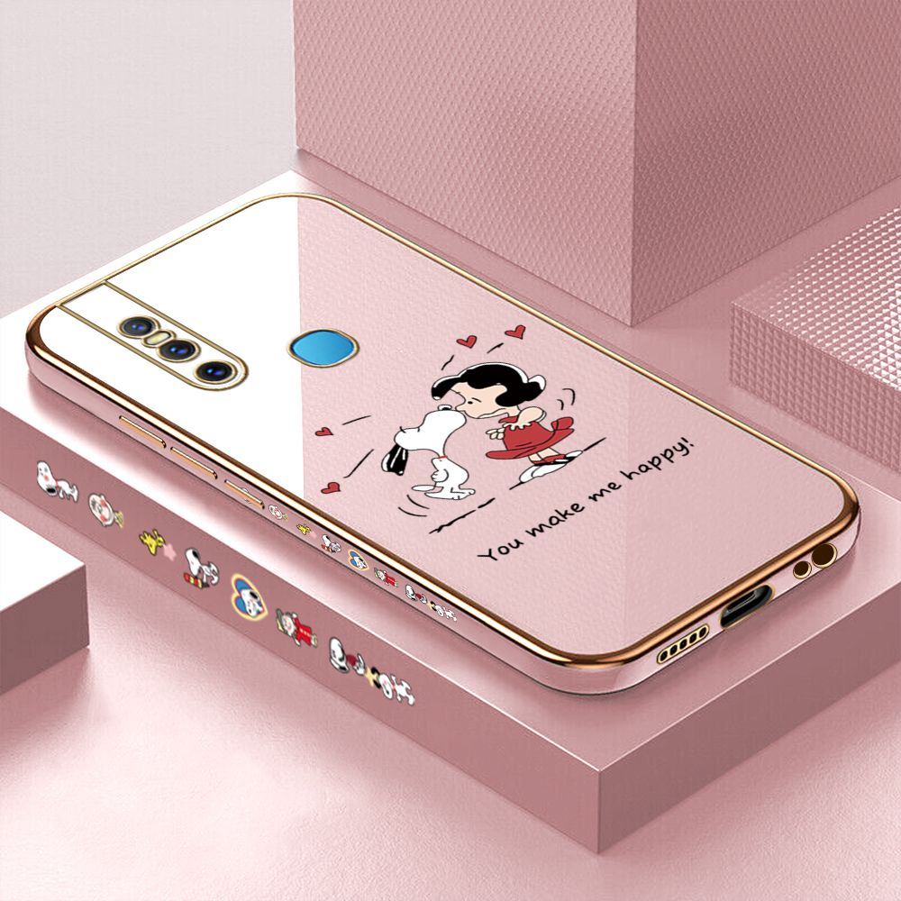 Luxury 6D Plating Case for Vivo V15 Happy Cartoon Puppy Side Pattern Back Cover Soft Silicone Square Frame Shiny Bling Phone Cases + Free Lanyard