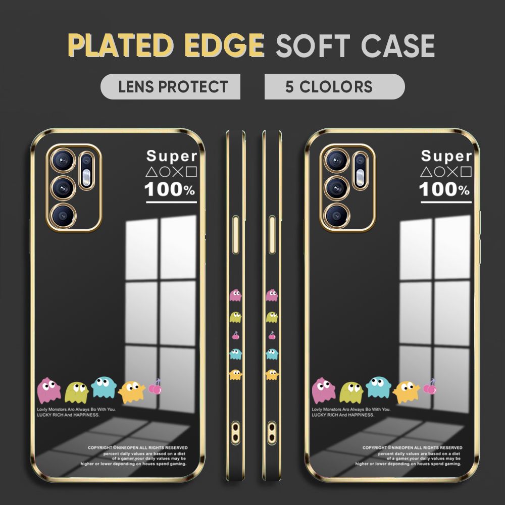 Luxury 6D Plating Case for OPPO Reno6 Back Cover Game Little Monster Side Pattern Soft Silicone Square Phone Cases