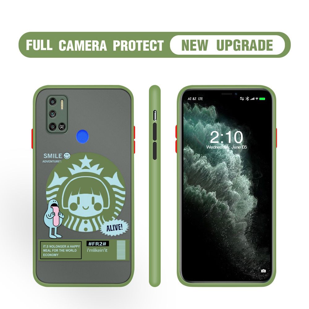 Hontinga for Tecno Spark 6 Air Case Cute Coffee Girl Camera Shockproof Protection Casing Edge Frosted Transparent Phone Cover