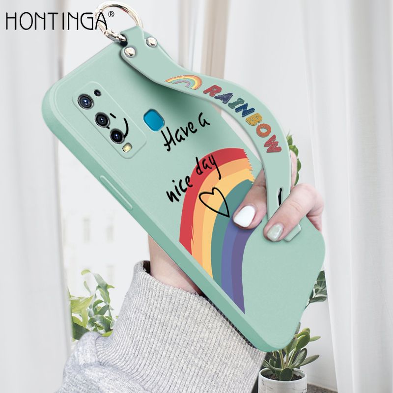 Hontinga for Vivo Y30 Wrist Strap Case Lovely Graffiti Rainbow Smile Thin Phone Cover Square Edge Liquid Silicone Creativity Phone Case