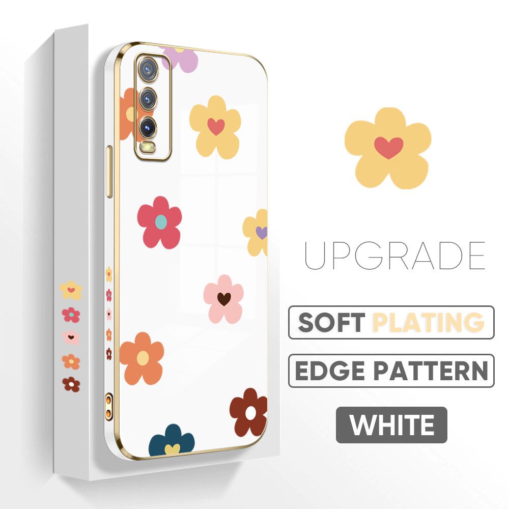 TA for Vivo Y20 2021 / Y20i / Y20 / Y20S / Y12S / Y12A / Y20S G Back Cover + Free Lanyard Falling Flowers Luxury 6D Plating Case Side Pattern Soft Silicone Square Phone Cases