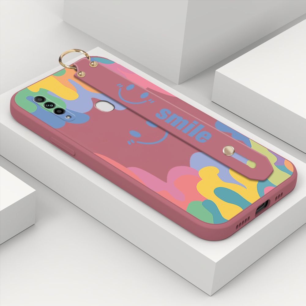 ZeroQiQi for OPPO A31 2020 Wrist Strap Case Soft Candy Color Splash Ink Cover Trend Square Printed Pattern Liquid Silicone Phone Case