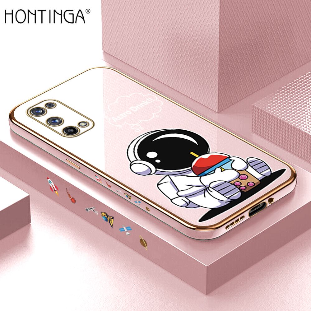 Hontinga for Realme X7 Pro 5G Case Luxury 6D Plating Cartoon Happy Astronaut Side Pattern Soft Back Cover Silicone Square Phone Cases