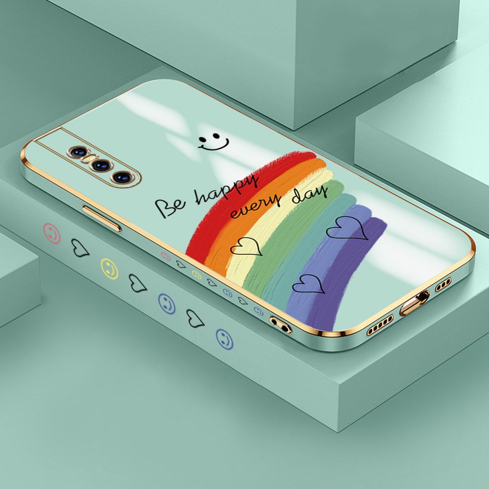 Jizetin (Free Lanyard) Vivo V15 Pro Case Rainbow Doodle Luxury 6D Plating Soft Casing Silicone Ultra Thin Phone Cover